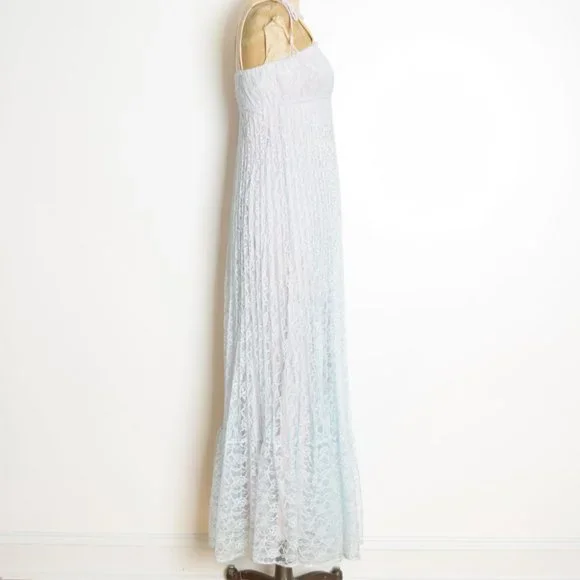 vintage 70s sun dress blue lace empire waist long maxi prom party hippie boho XS - Picture 6 of 9